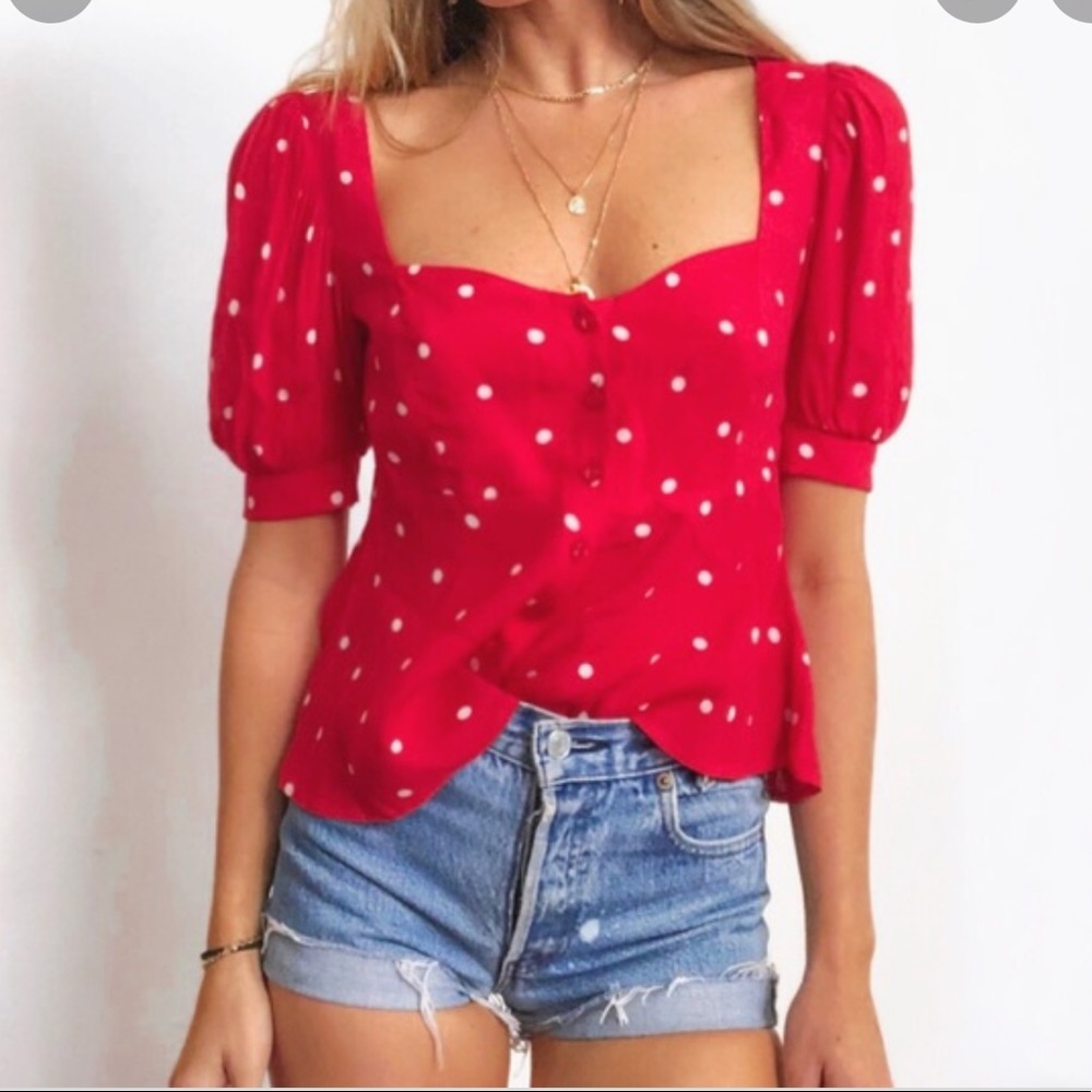 FOR LOVE AND LEMONS RED WHITE POLKA DOT PUFF SLEEVE BUTTON DOWN TOP